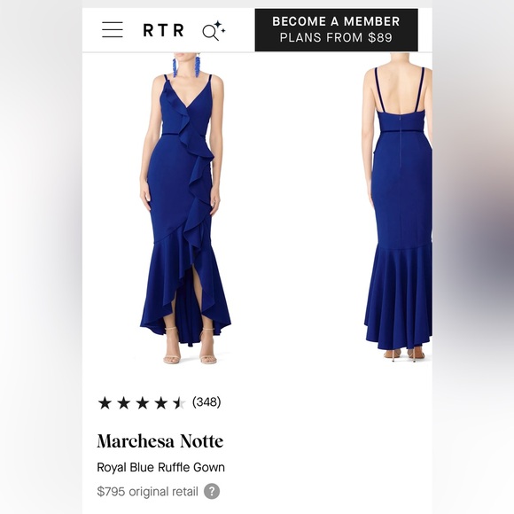 Marchesa Notte royal blue ruffle dress velvet trim tulip maxi - Picture 2 of 14